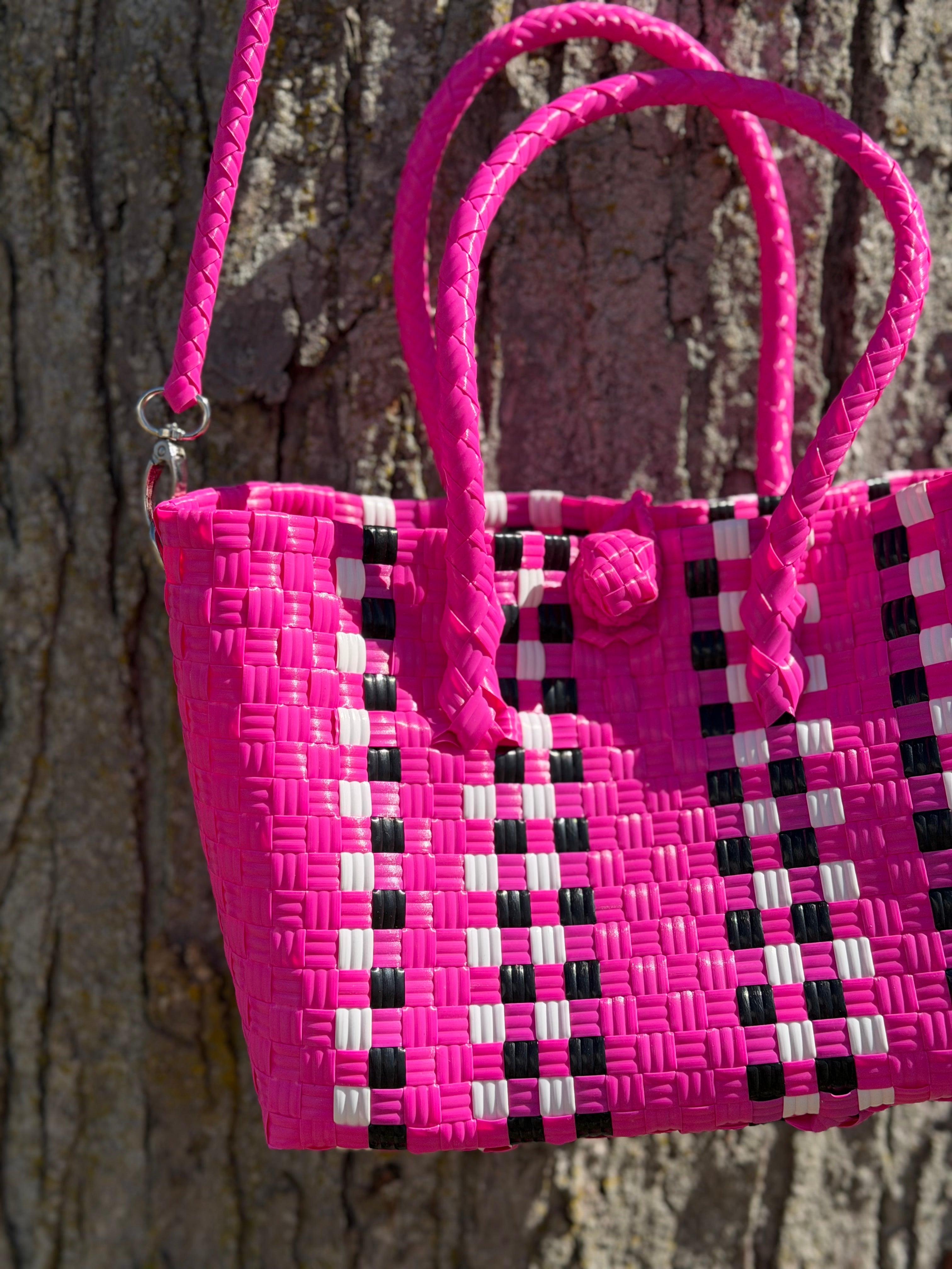 Checkered Pink with Strap – Handwoven Recycled Crossbody