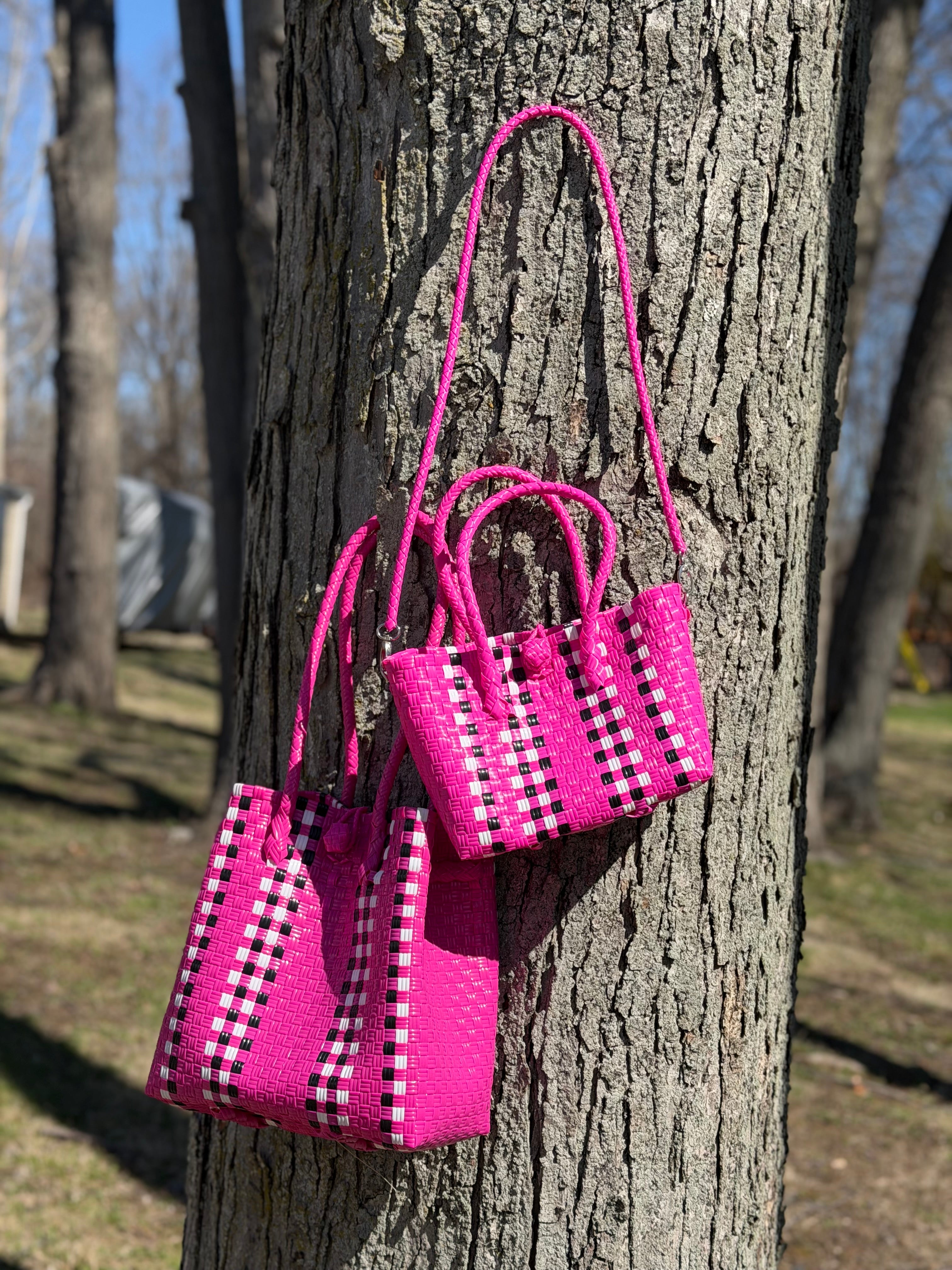 Checkered Pink with Strap – Handwoven Recycled Crossbody