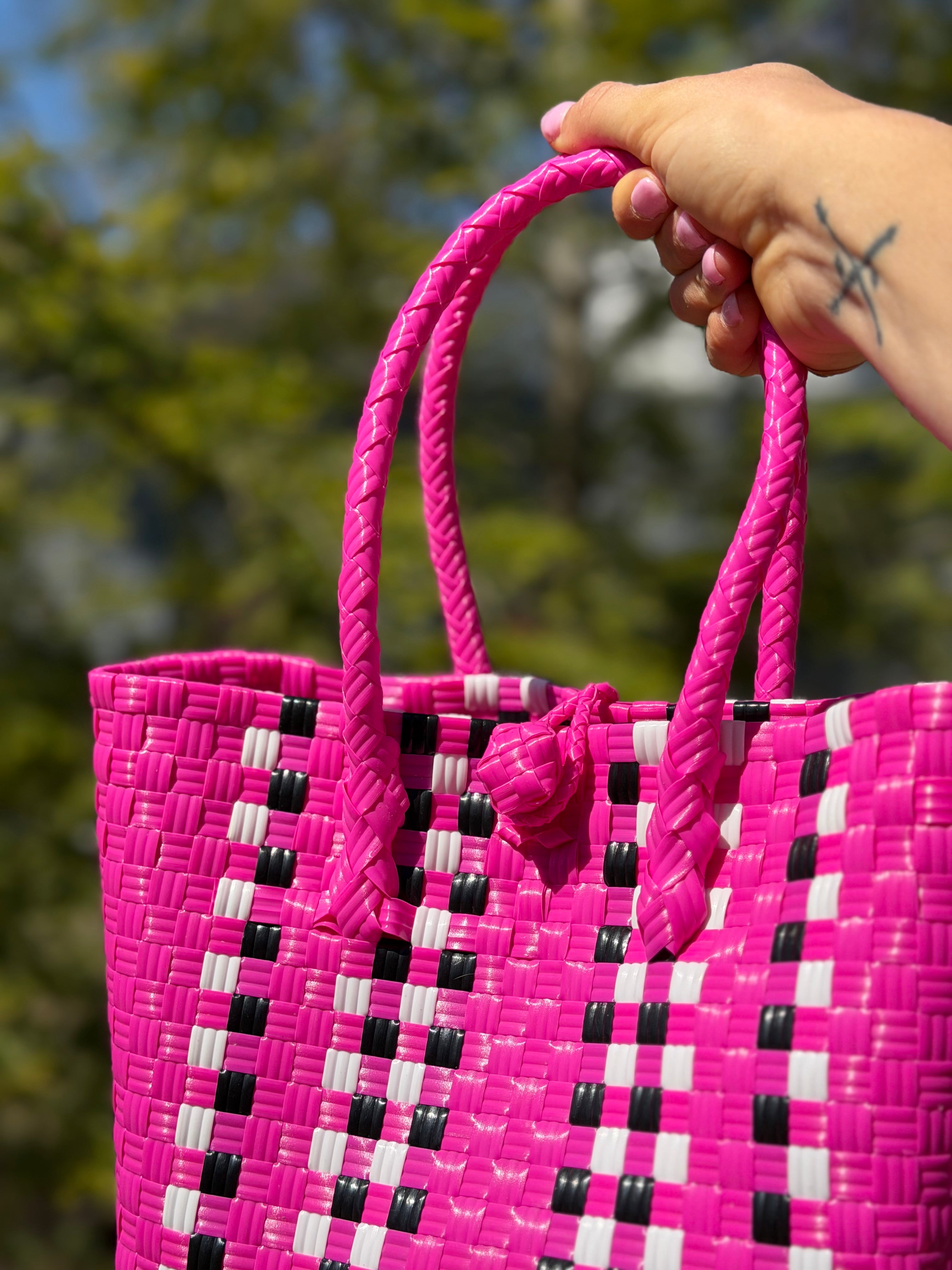 Checkered Pink with Strap – Handwoven Recycled Crossbody