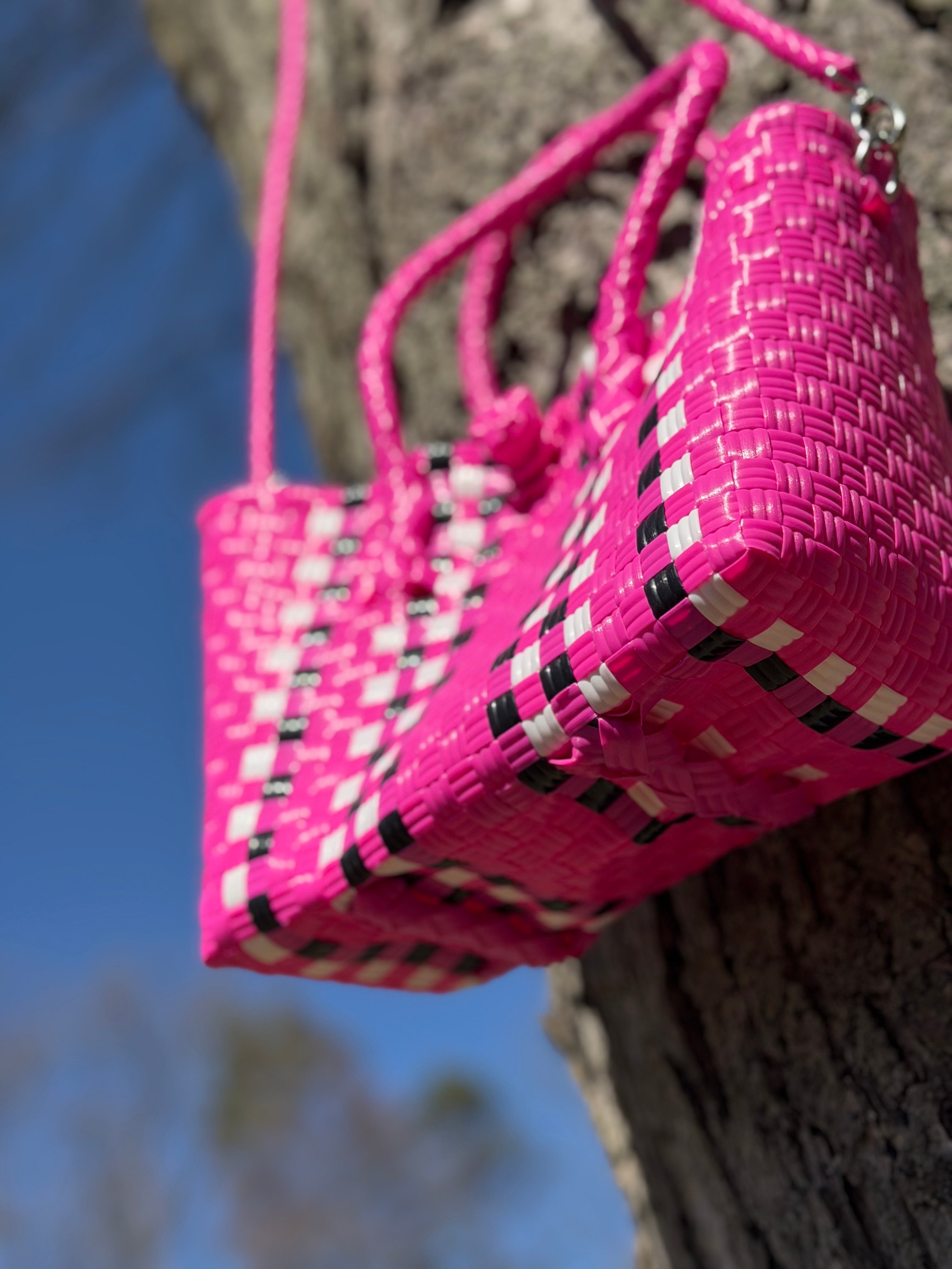 Checkered Pink with Strap – Handwoven Recycled Crossbody