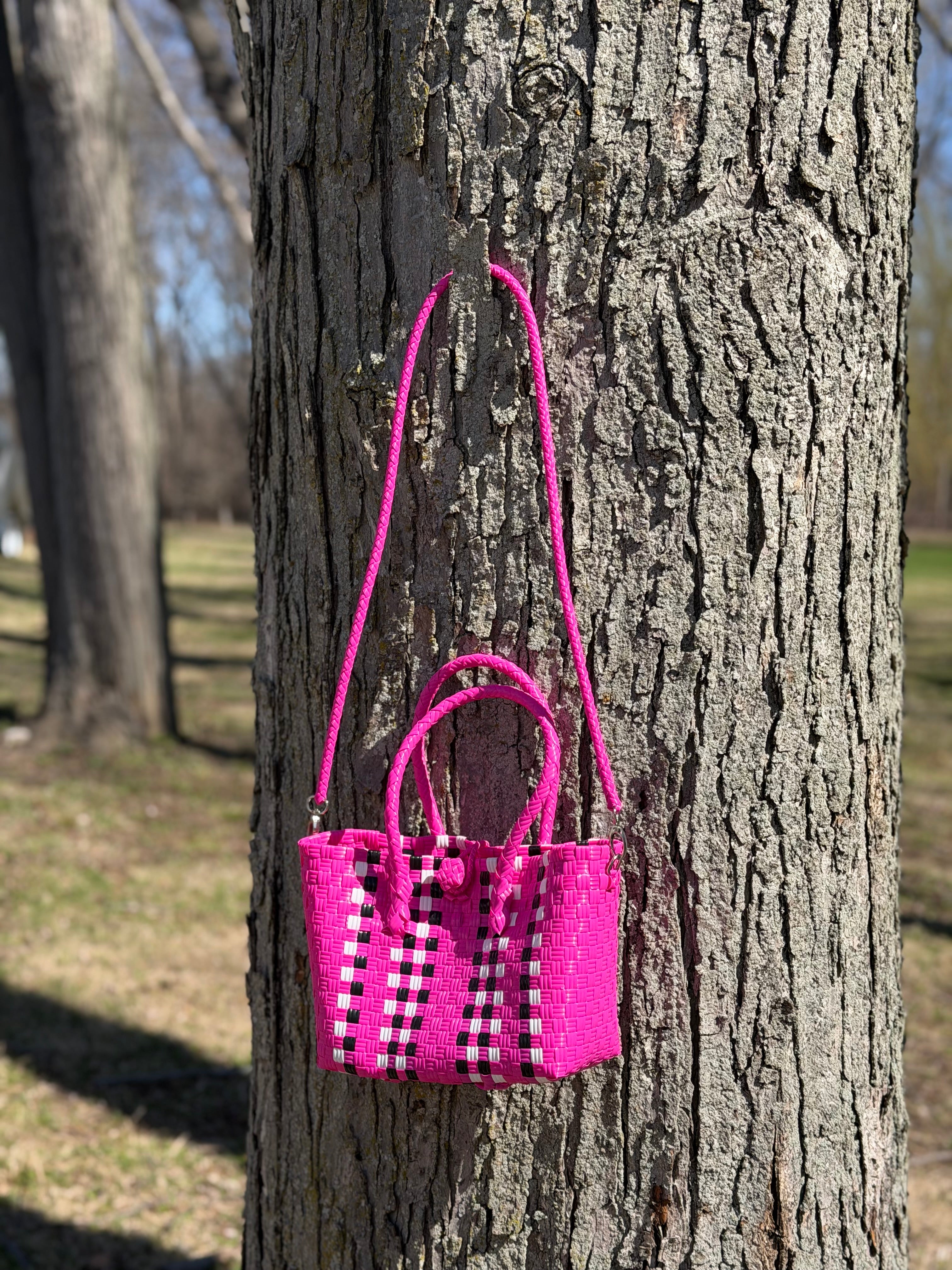 Checkered Pink with Strap – Handwoven Recycled Crossbody