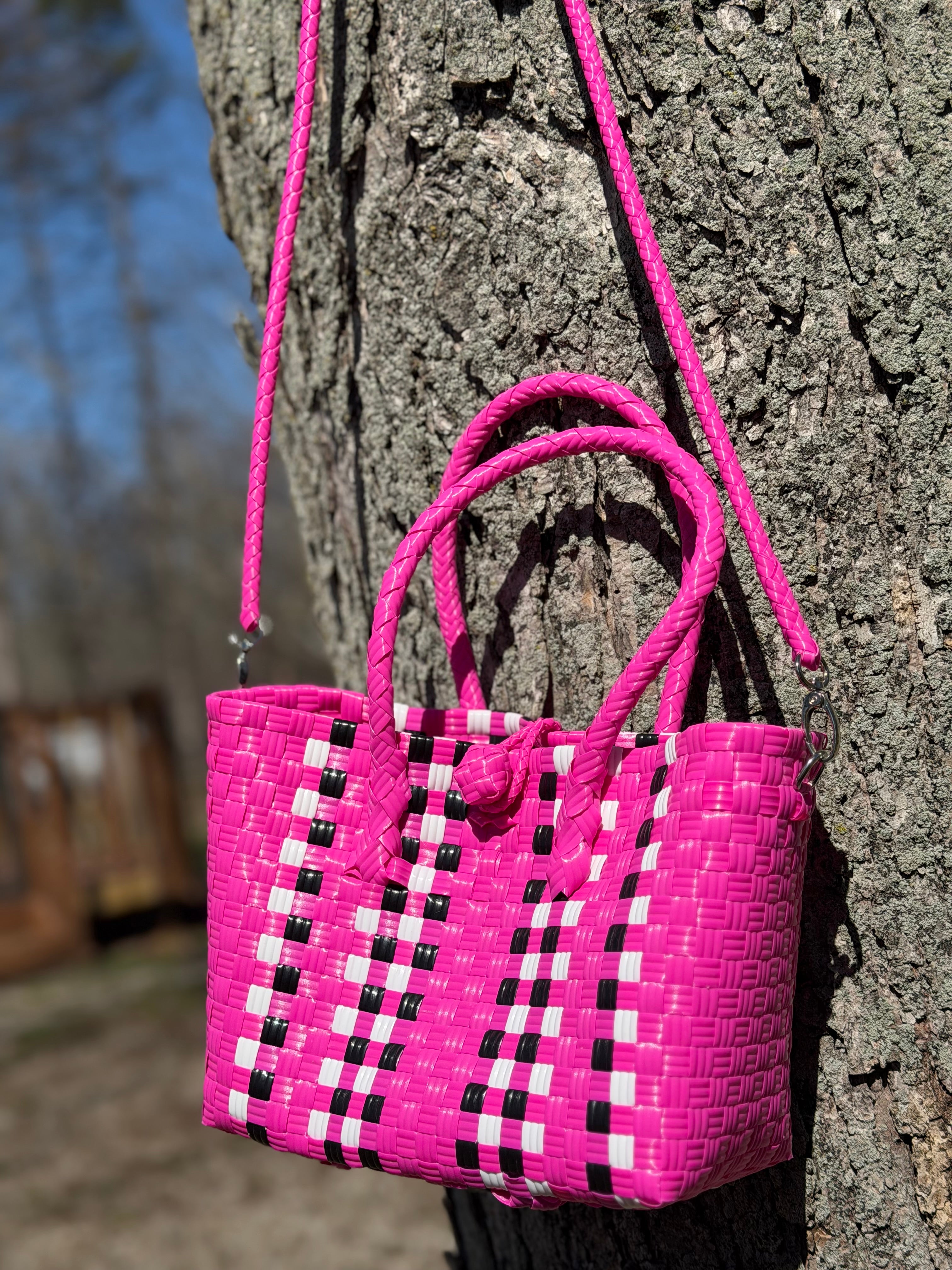 Checkered Pink with Strap – Handwoven Recycled Crossbody