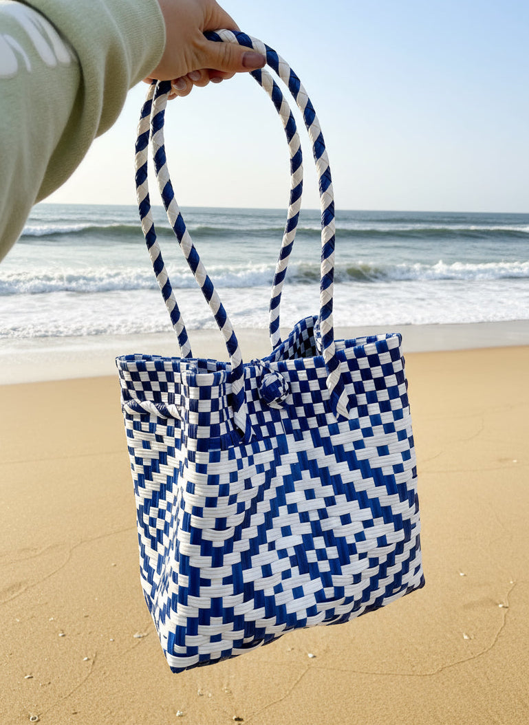 Blue and white handwoven Native Blue tote bag made from recycled Materia