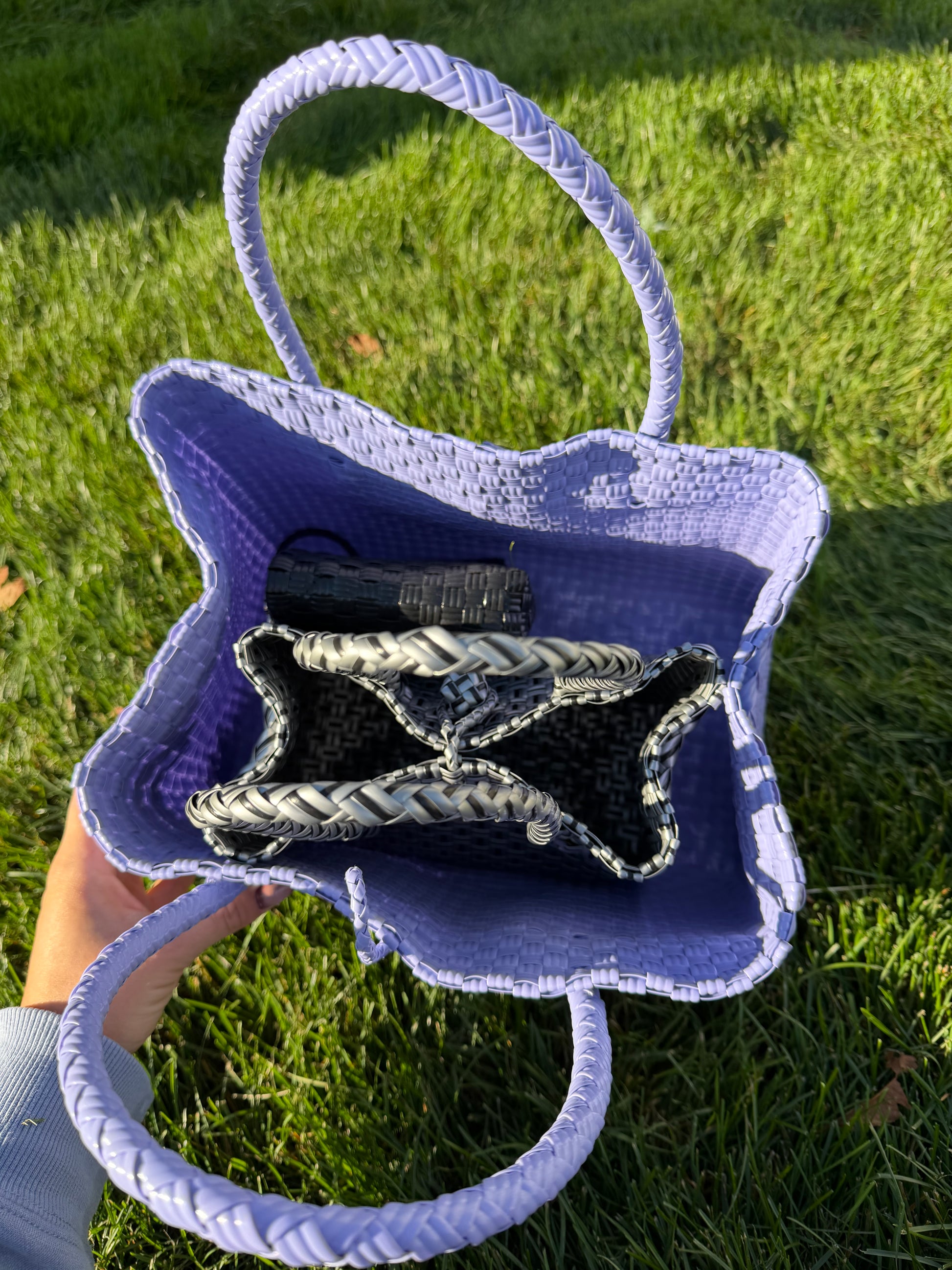 Barbre wallet, and mini purse shown inside the ube purple tote luxe