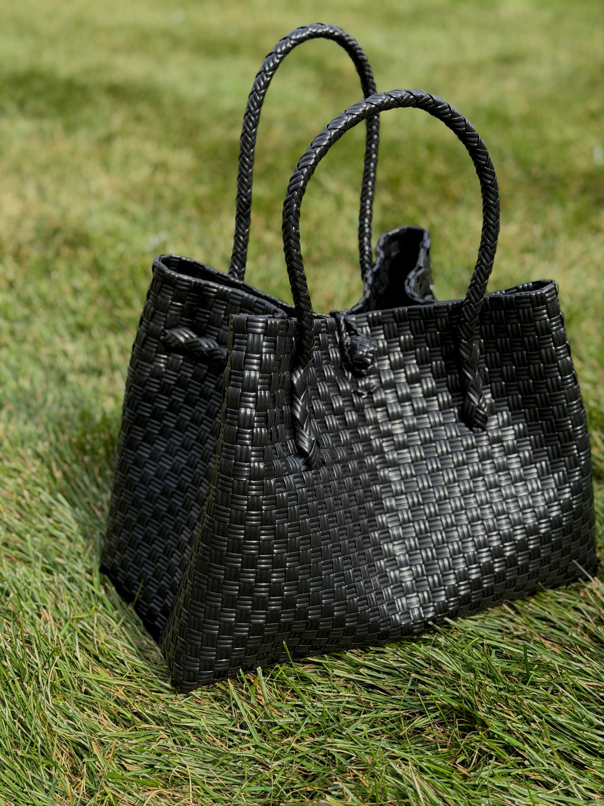 Eco-friendly black tote bag crafted from recycled plastic by Barbre