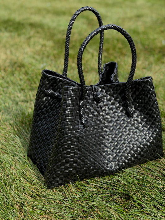 Eco-friendly black tote bag crafted from recycled plastic by Barbre