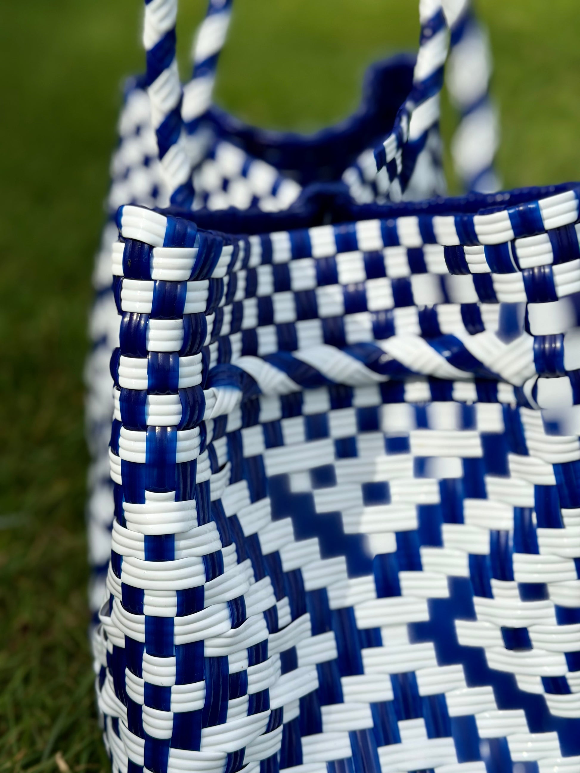 Close-up of handwoven pattern on the Native Blue waterproof tote.