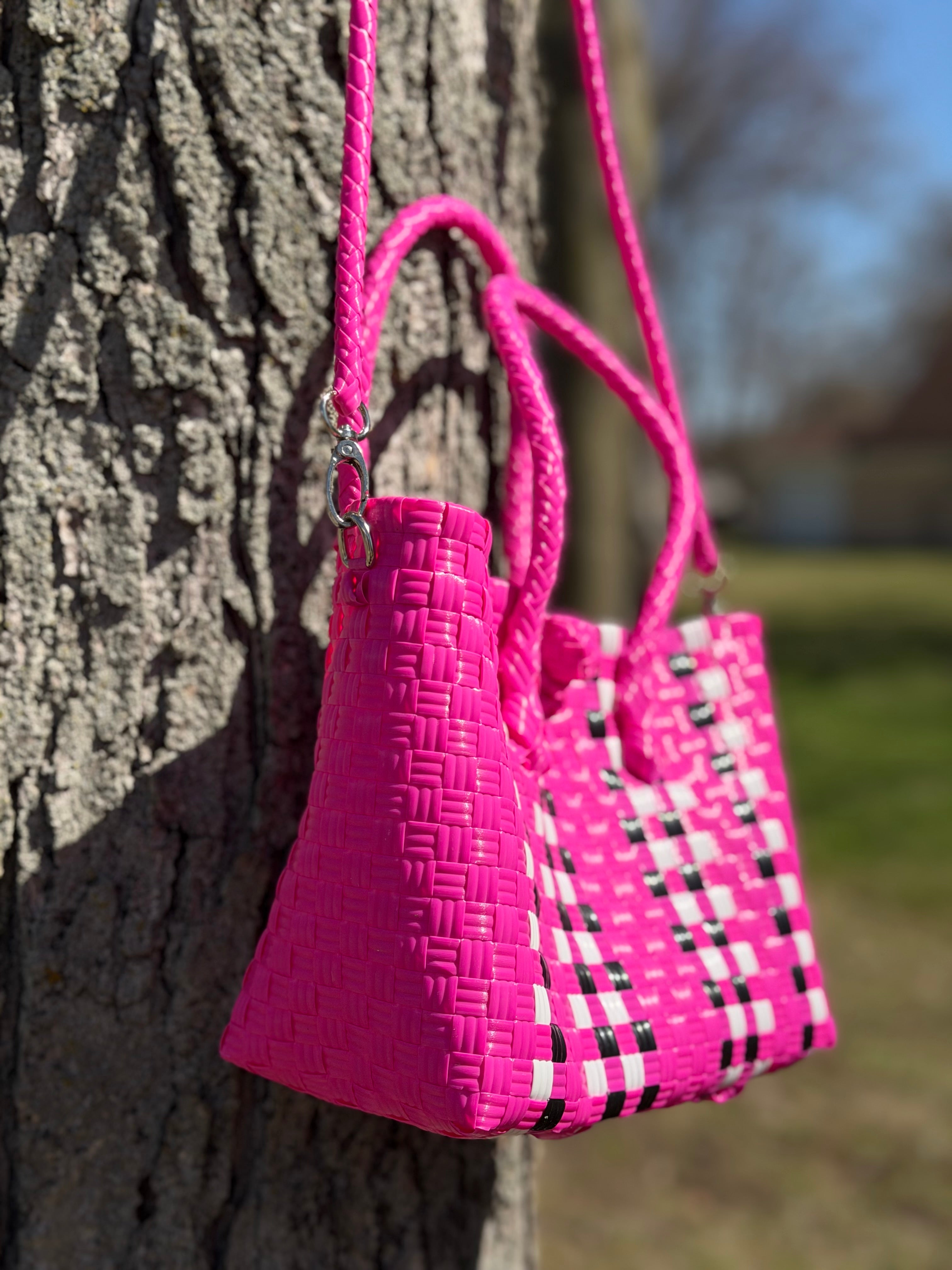Checkered Pink with Strap – Handwoven Recycled Crossbody