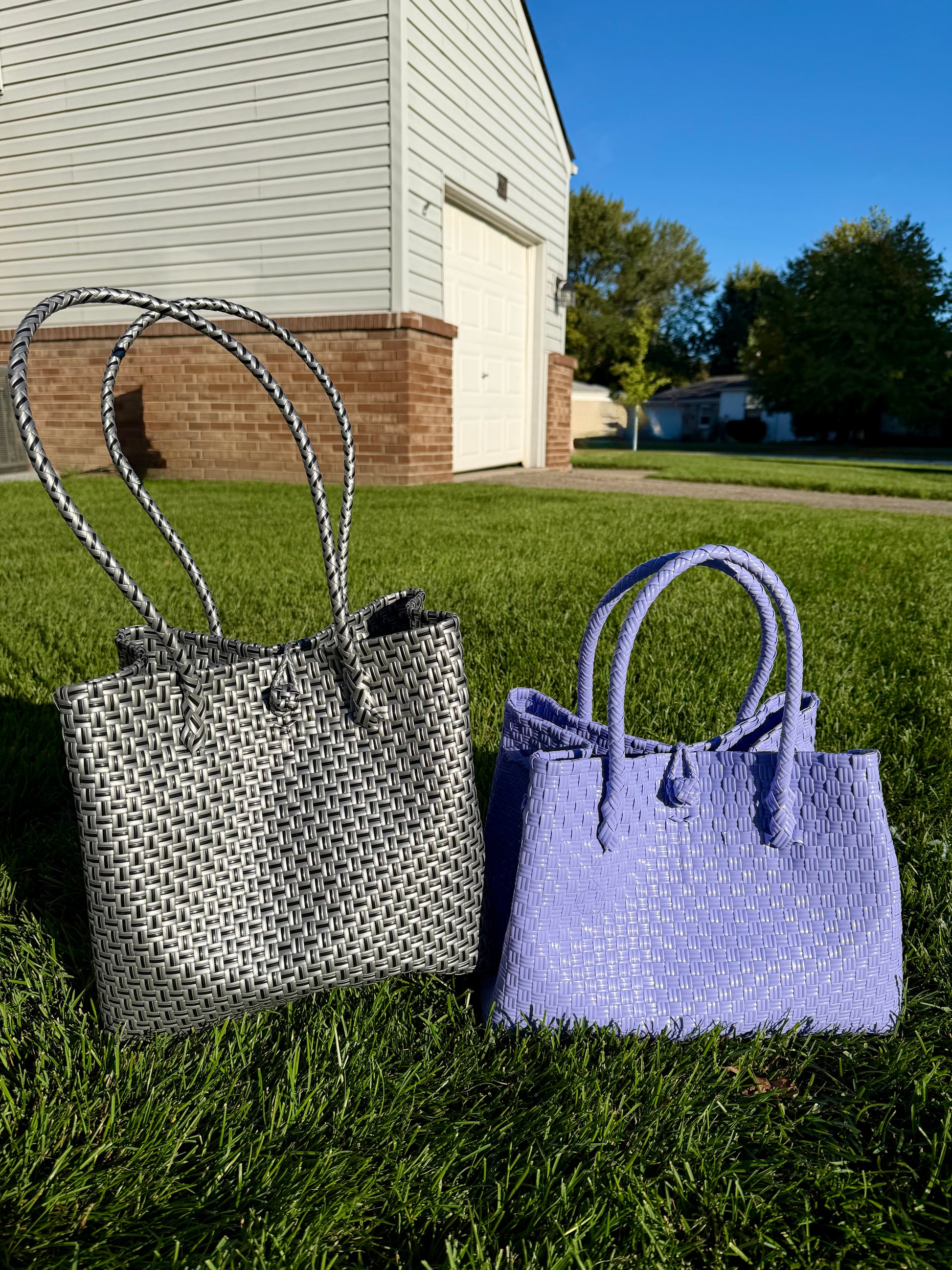 Close-up of handwoven texture on the eco-friendly Ube Luxe tote.