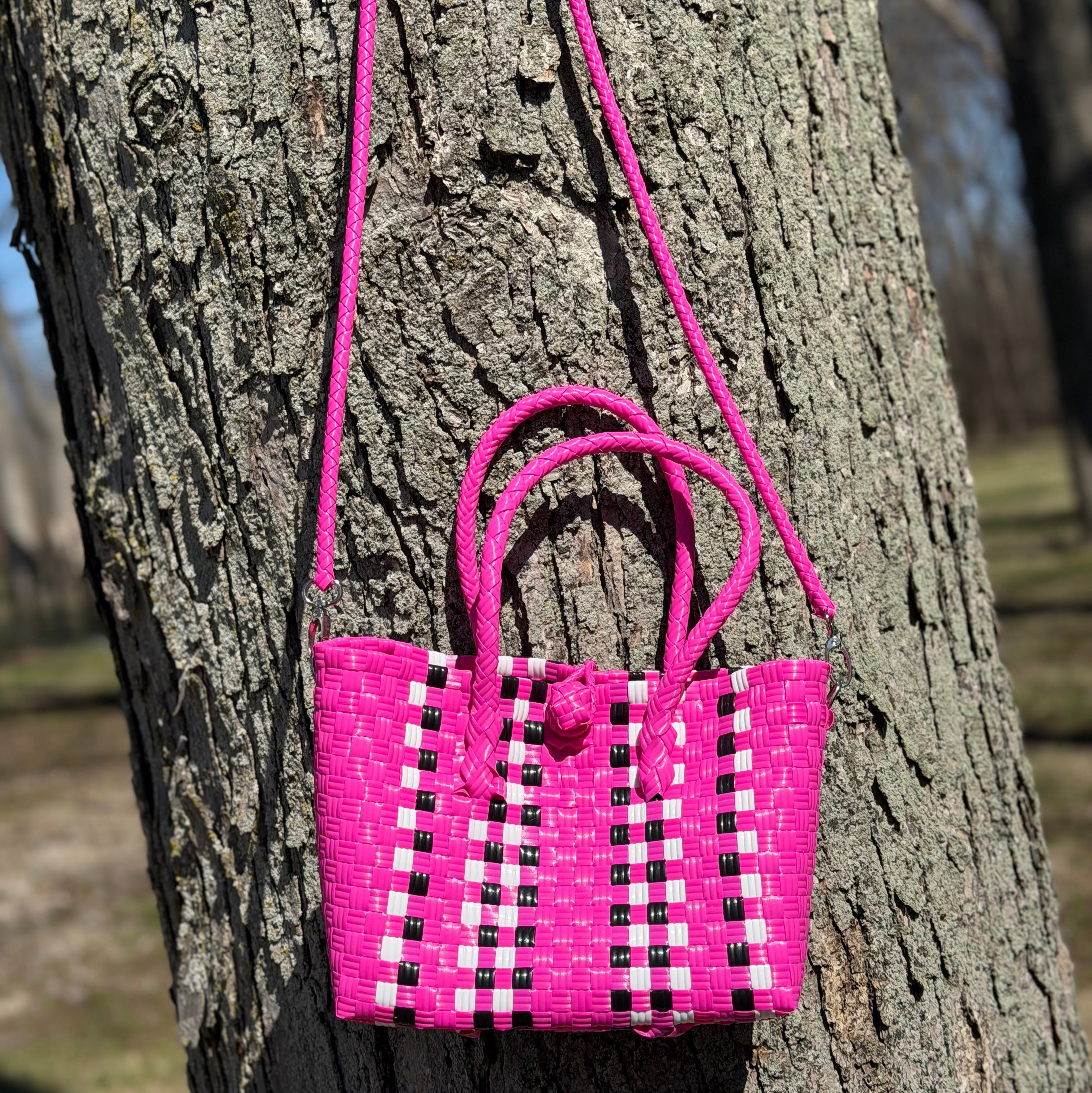 Checkered Pink with Strap – Handwoven Recycled Crossbody