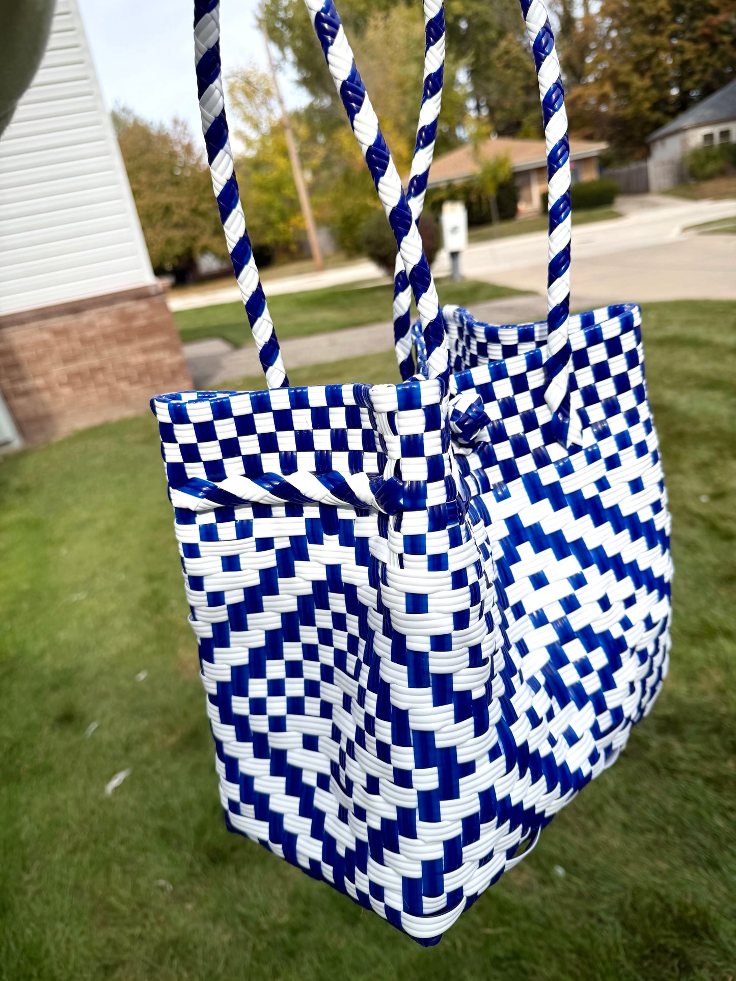 Blue and white handwoven Native Blue tote bag made from recycled Materia